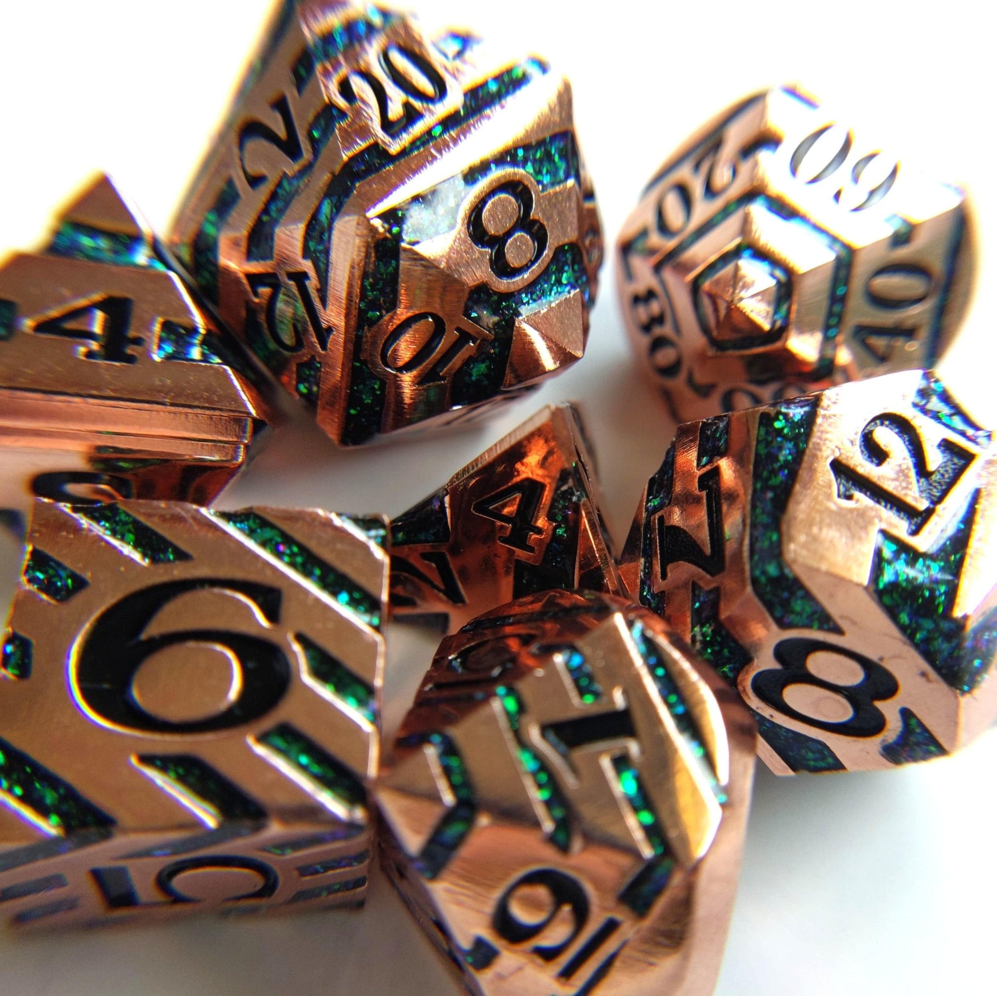 Portal Metal Dice Set – 7-Piece Copper Plated Color Shifting Glitter Gemstone DnD Dice Sets & Games Fennek and Finch Emerald
