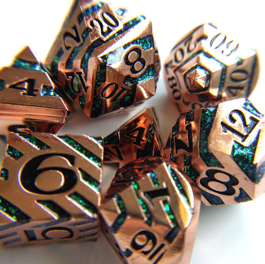Portal Metal Dice Set – 7-Piece Copper Plated Color Shifting Glitter Gemstone DnD Dice Sets & Games Fennek and Finch Emerald