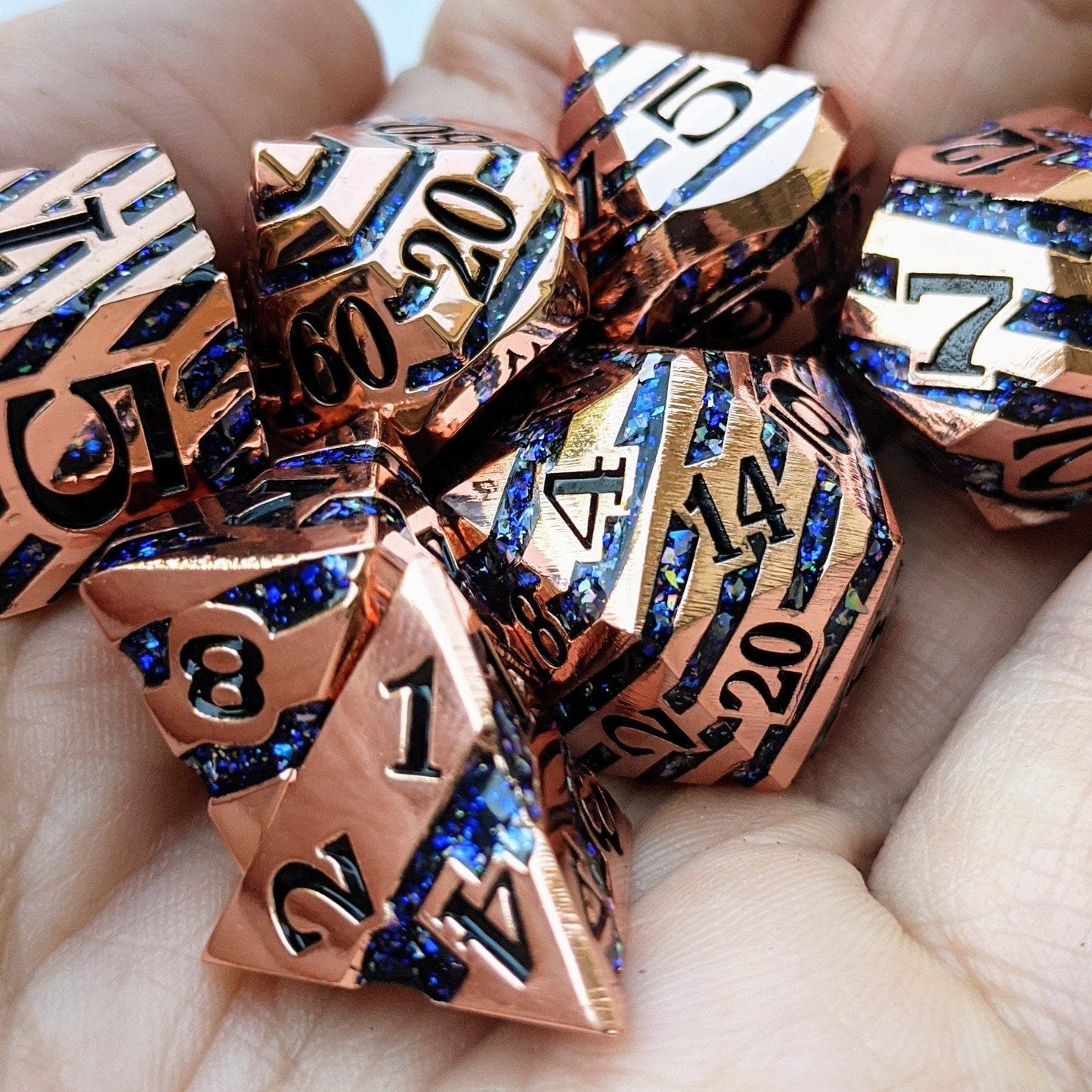 Portal Metal Dice Set – 7-Piece Copper Plated Color Shifting Glitter Gemstone DnD Dice Sets & Games Fennek and Finch Sapphire