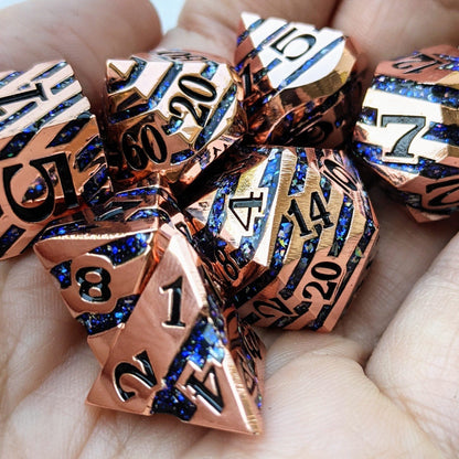 Portal Metal Dice Set – 7-Piece Copper Plated Color Shifting Glitter Gemstone DnD Dice Sets & Games Fennek and Finch Sapphire