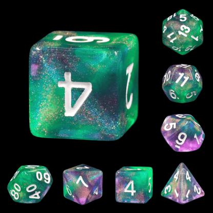 Portion Dice Set. Green and Purple Galaxy Glitter DND Dice