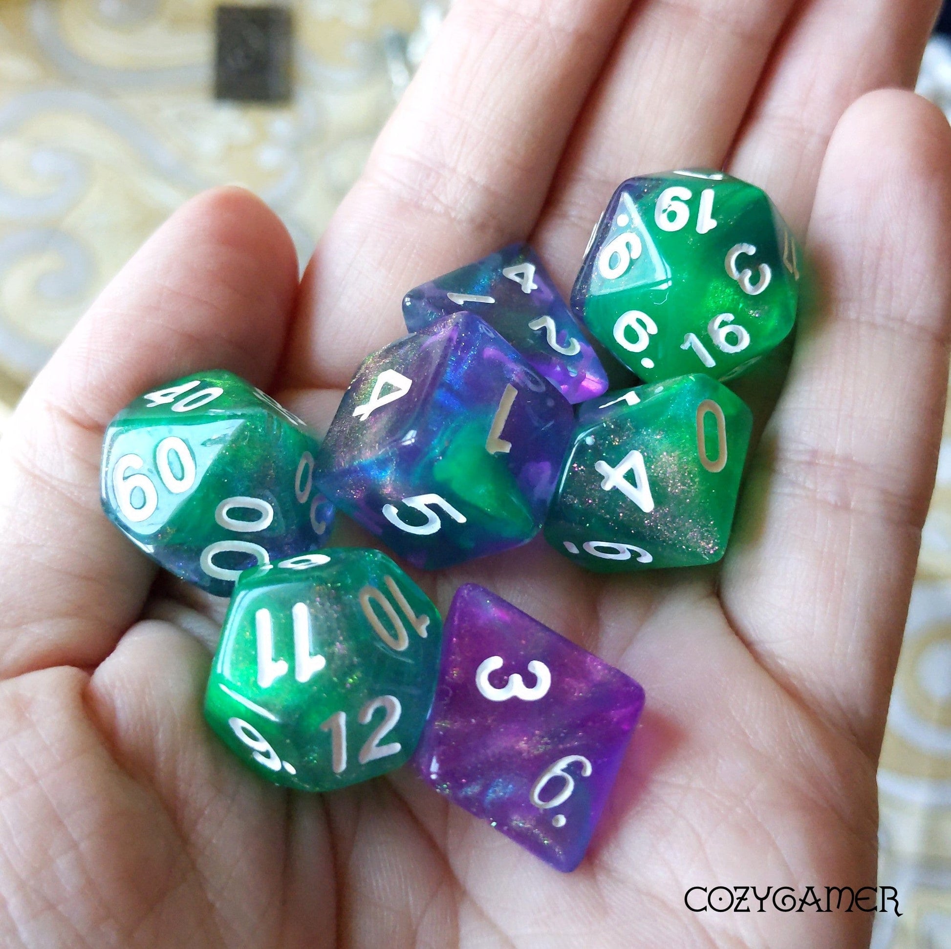 Portion Dice Set. Green and Purple Galaxy Glitter DND Dice