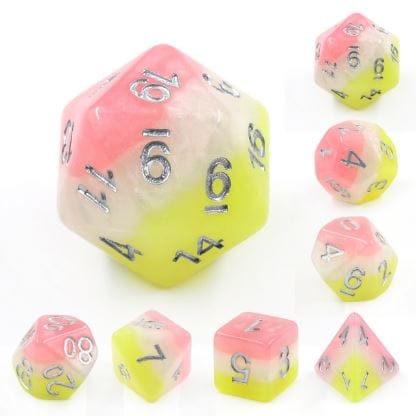 Posey Dice Set – 7-Piece Pearly Pink White Yellow Silver Font DnD Dice Dice Sets & Games Fennek and Finch