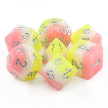 Posey Dice Set – 7-Piece Pearly Pink White Yellow Silver Font DnD Dice Dice Sets & Games Fennek and Finch