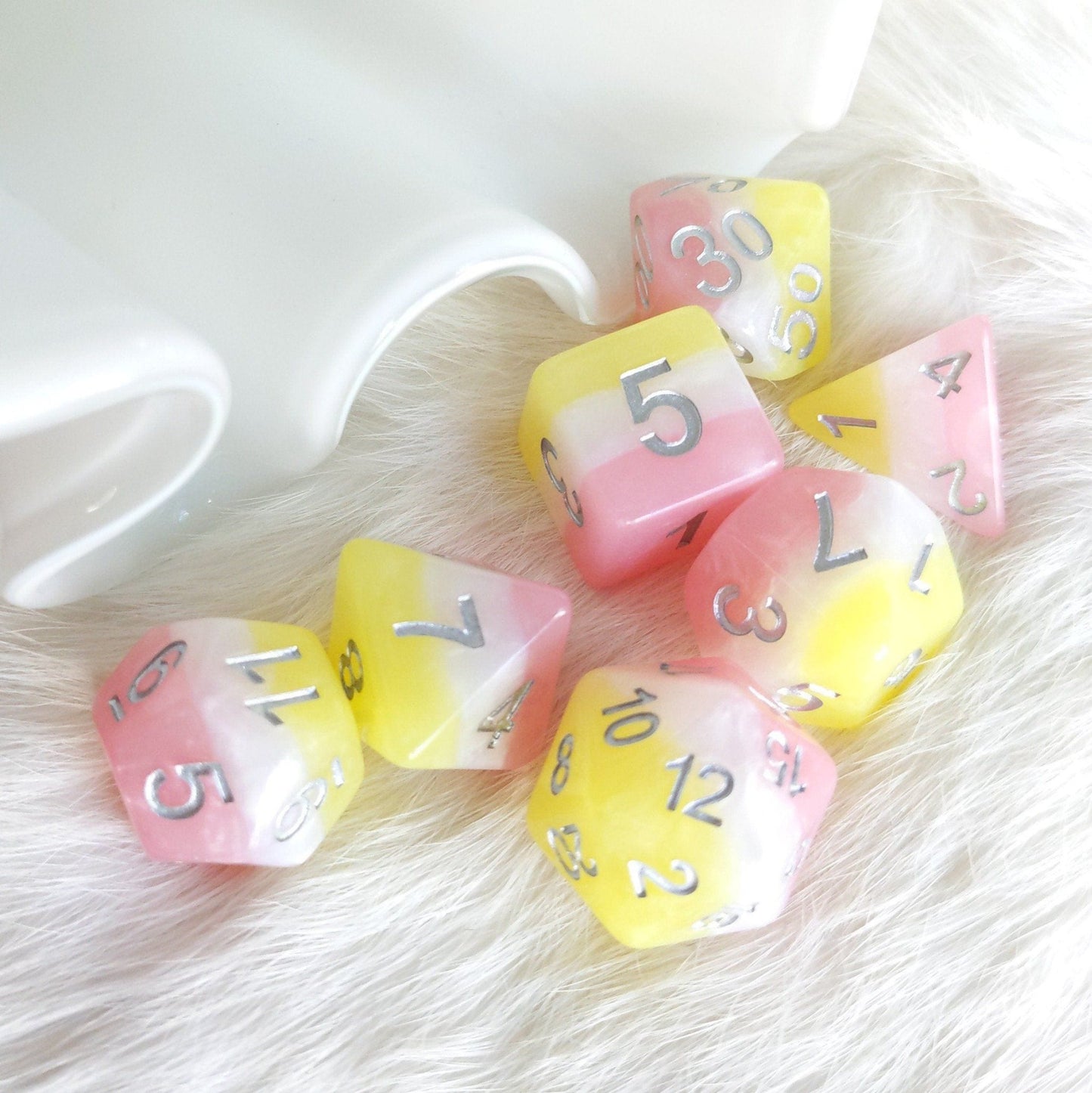 Posey Dice Set – 7-Piece Pearly Pink White Yellow Silver Font DnD Dice Dice Sets & Games Fennek and Finch