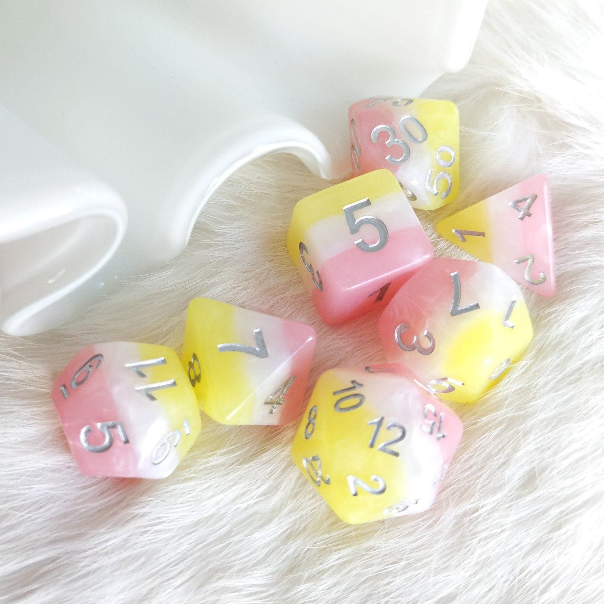 Posey Dice Set – 7-Piece Pearly Pink White Yellow Silver Font DnD Dice Dice Sets & Games Fennek and Finch