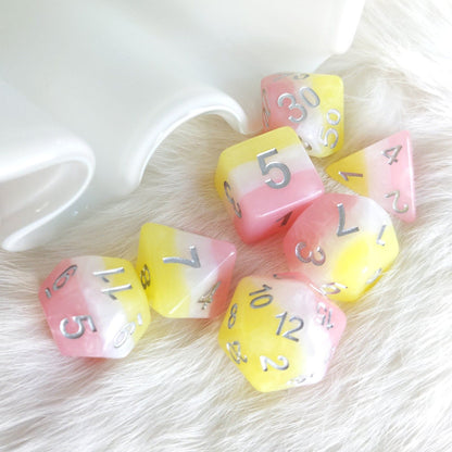 Posey Dice Set – 7-Piece Pearly Pink White Yellow Silver Font DnD Dice Dice Sets & Games Fennek and Finch