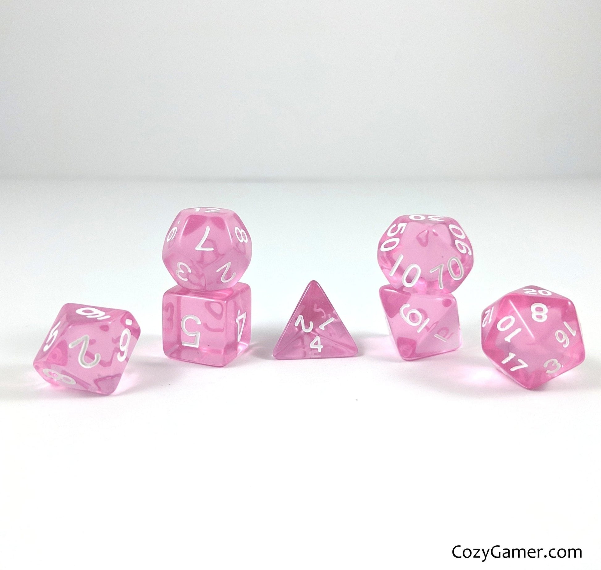 Pretty Pink Dice Set – 7-Piece Clear Medium Pink Acrylic DnD Dice Dice sets Fennek and Finch