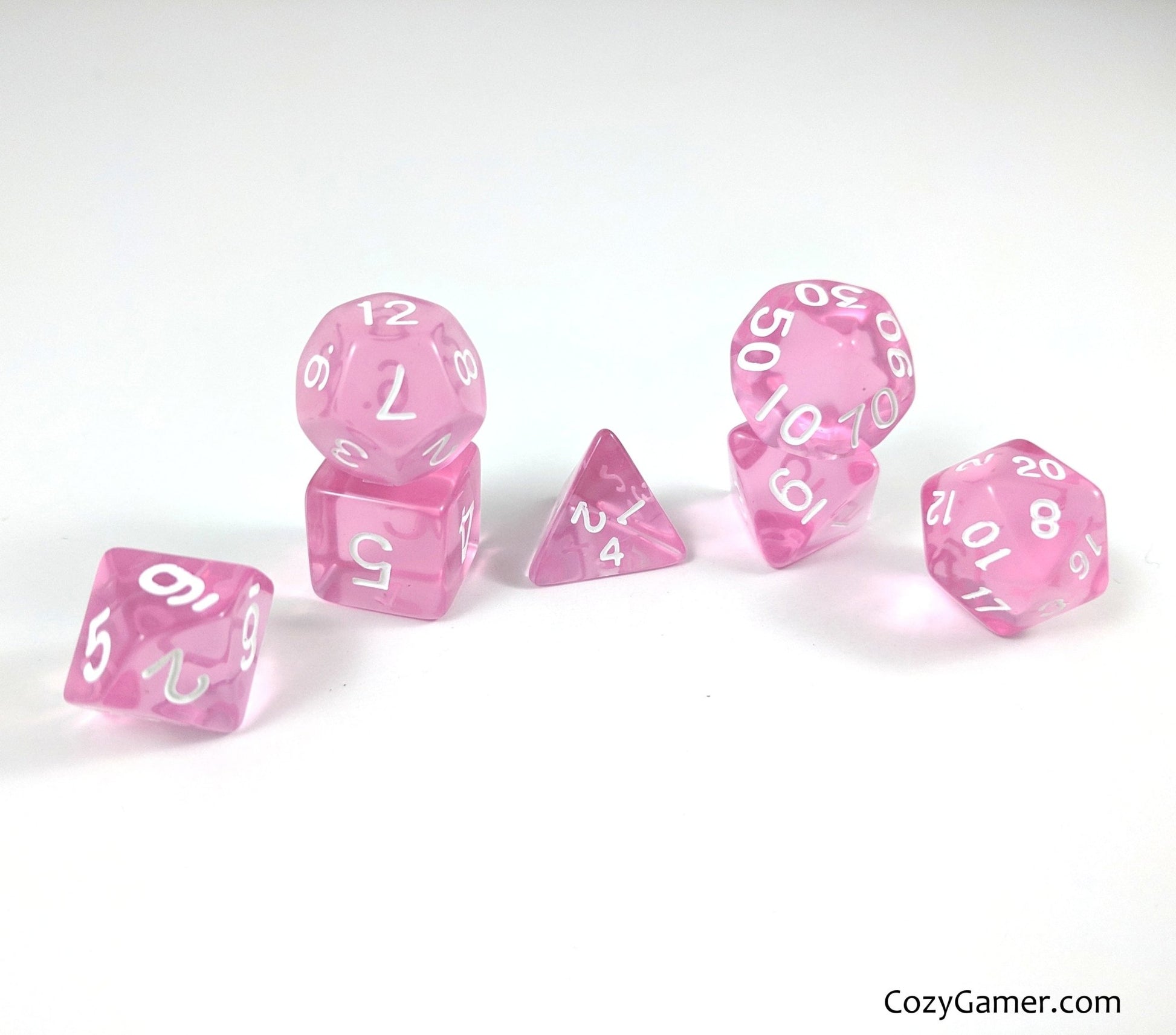 Pretty Pink Dice Set – 7-Piece Clear Medium Pink Acrylic DnD Dice Dice sets Fennek and Finch