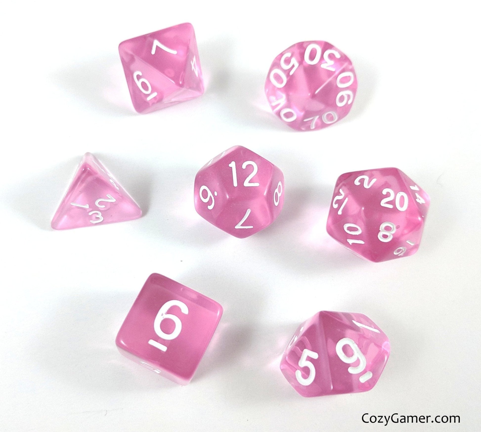 Pretty Pink Dice Set – 7-Piece Clear Medium Pink Acrylic DnD Dice Dice sets Fennek and Finch