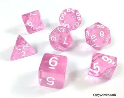 Pretty Pink Dice Set – 7-Piece Clear Medium Pink Acrylic DnD Dice Dice sets Fennek and Finch