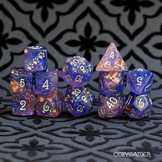 Psychic Blade Dice Set. Blue and Lilac with Opal Flakes and Gold Foil 12 Piece Set