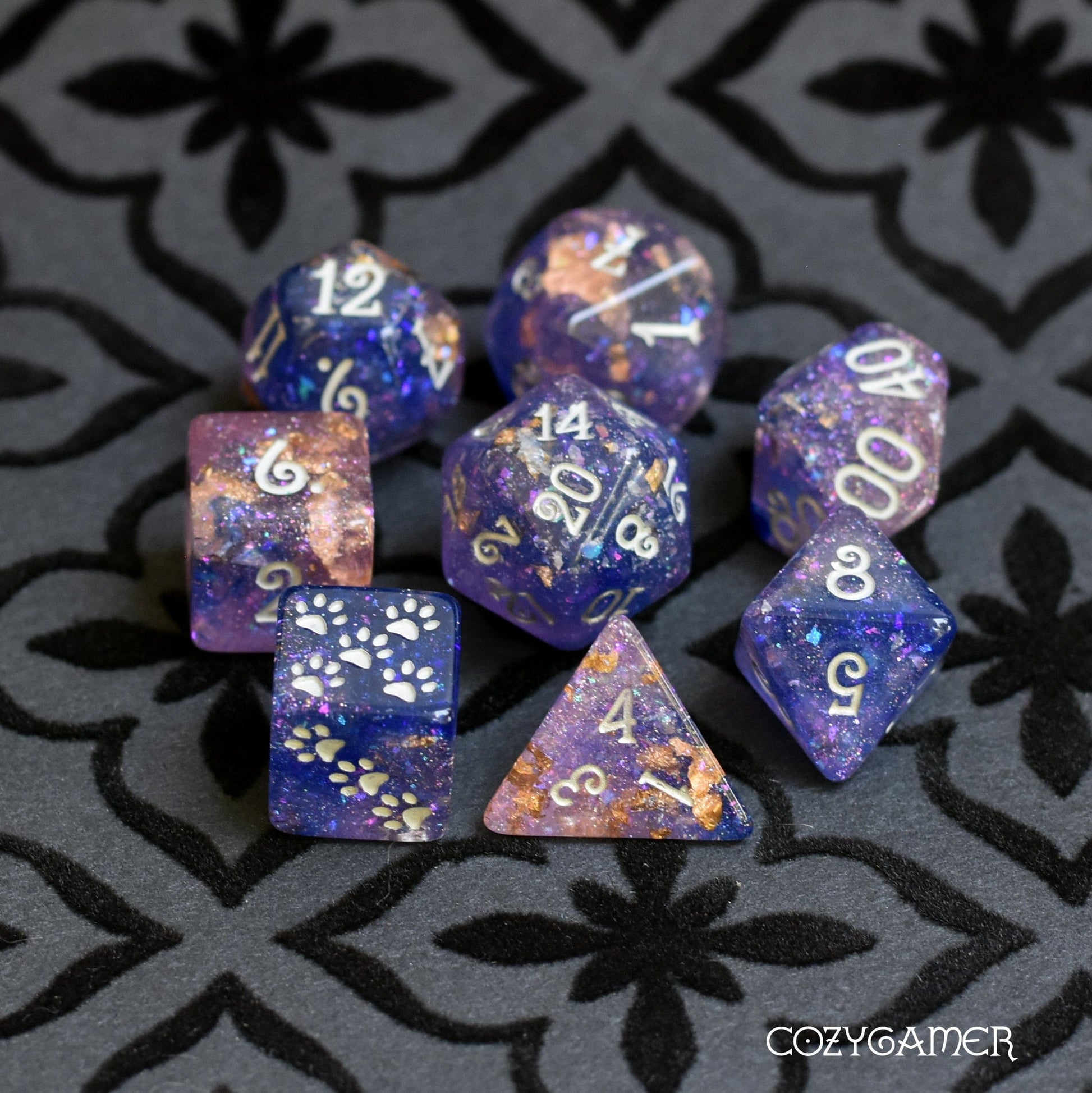 Psychic Blade Dice Set. Blue and Lilac with Opal Flakes and Gold Foil 8 Piece Set