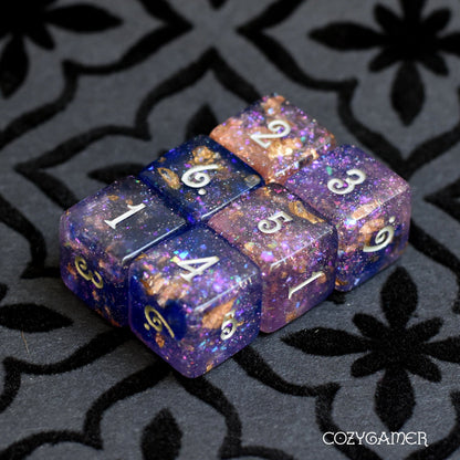 Psychic Blade Dice Set. Blue and Lilac with Opal Flakes and Gold Foil D6 Set