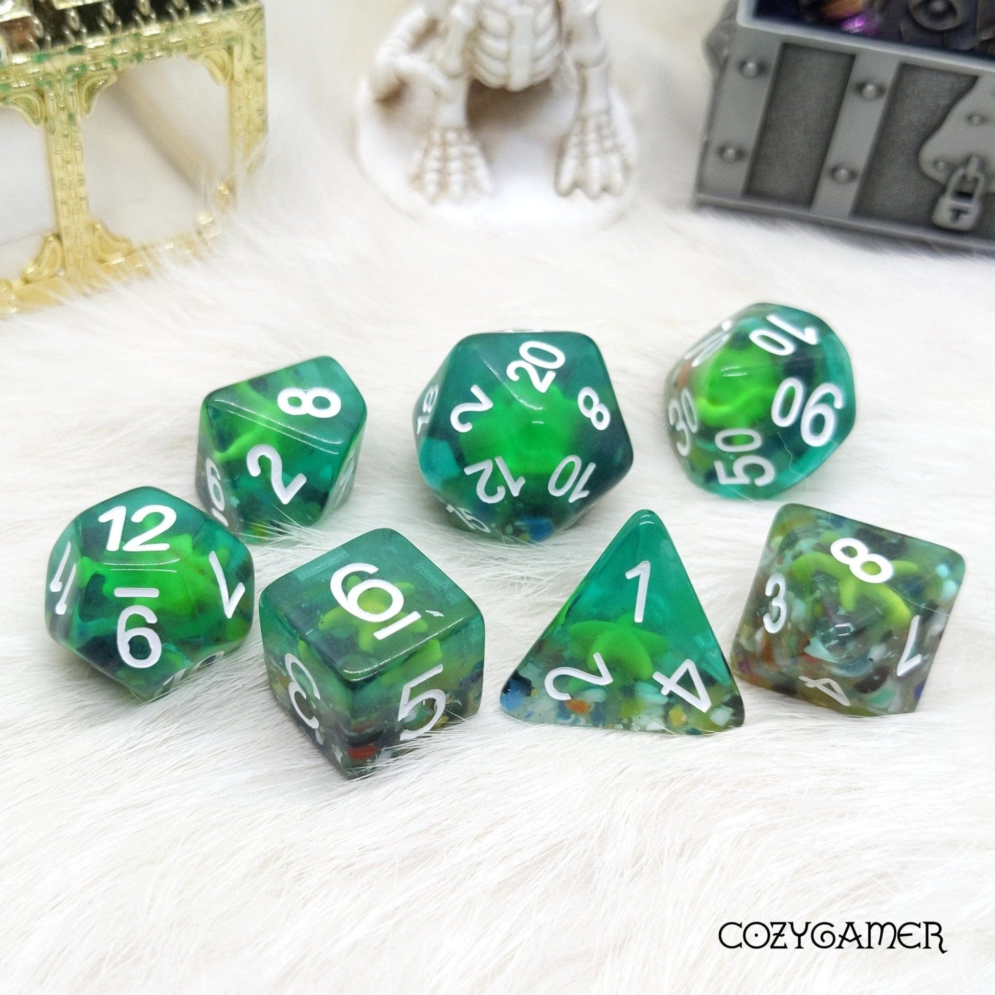 Puget Sound Starfish Dice Set. Green Starfish on Colored Pebbles 7 piece DnD Dice Set Dice Sets & Games Fennek and Finch