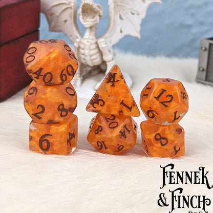 Pumpkin Dice Set – 11 - Piece Orange Shimmer DnD Dice with Extra D20 & D6s | Fennek & Finch - Fennek and Finch