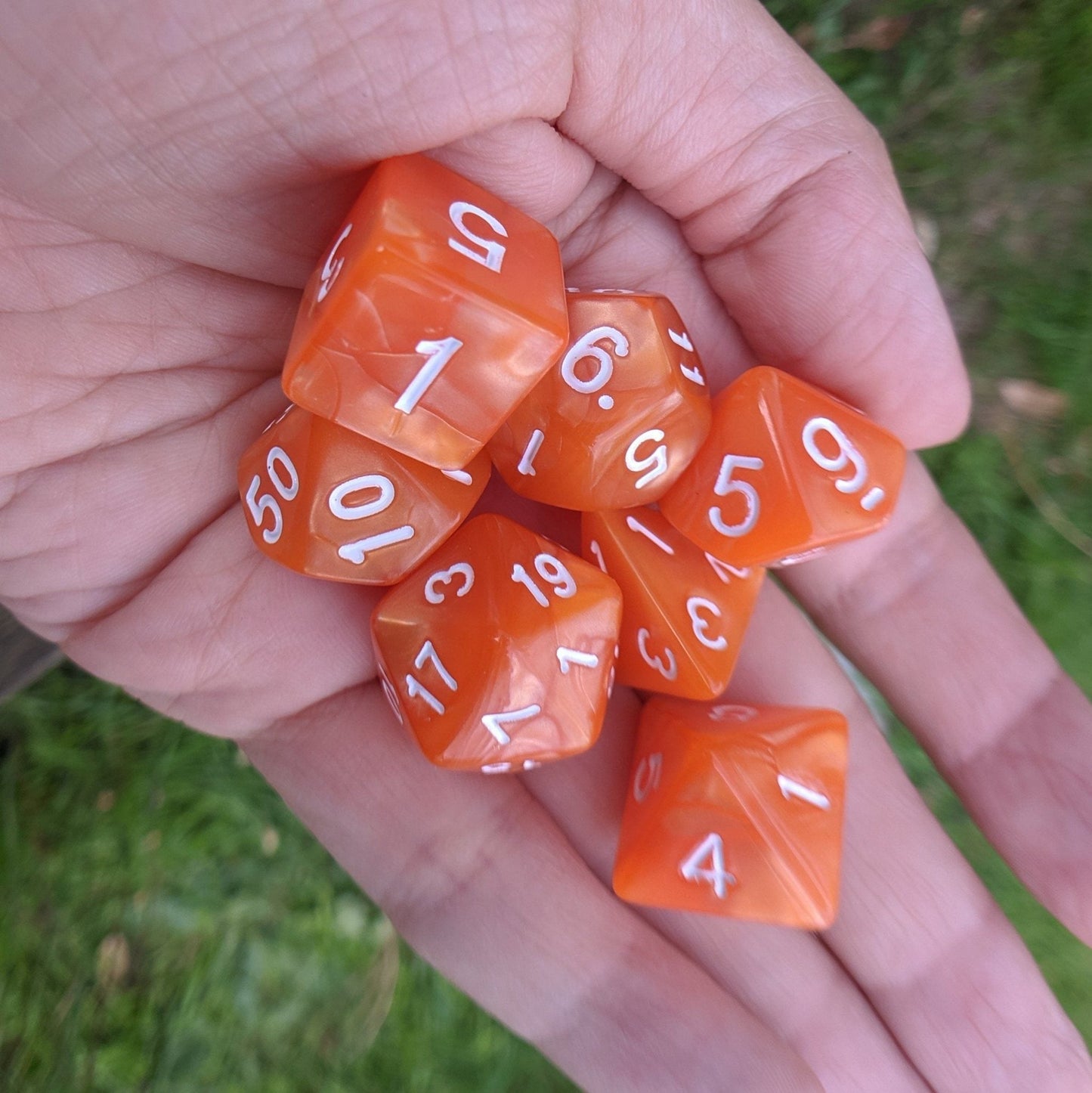 Pumpkin Orange Dice Set – Pearly Acrylic with White Numbers - Fennek and Finch