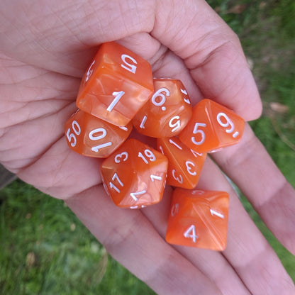 Pumpkin Orange Dice Set – Pearly Acrylic with White Numbers - Fennek and Finch