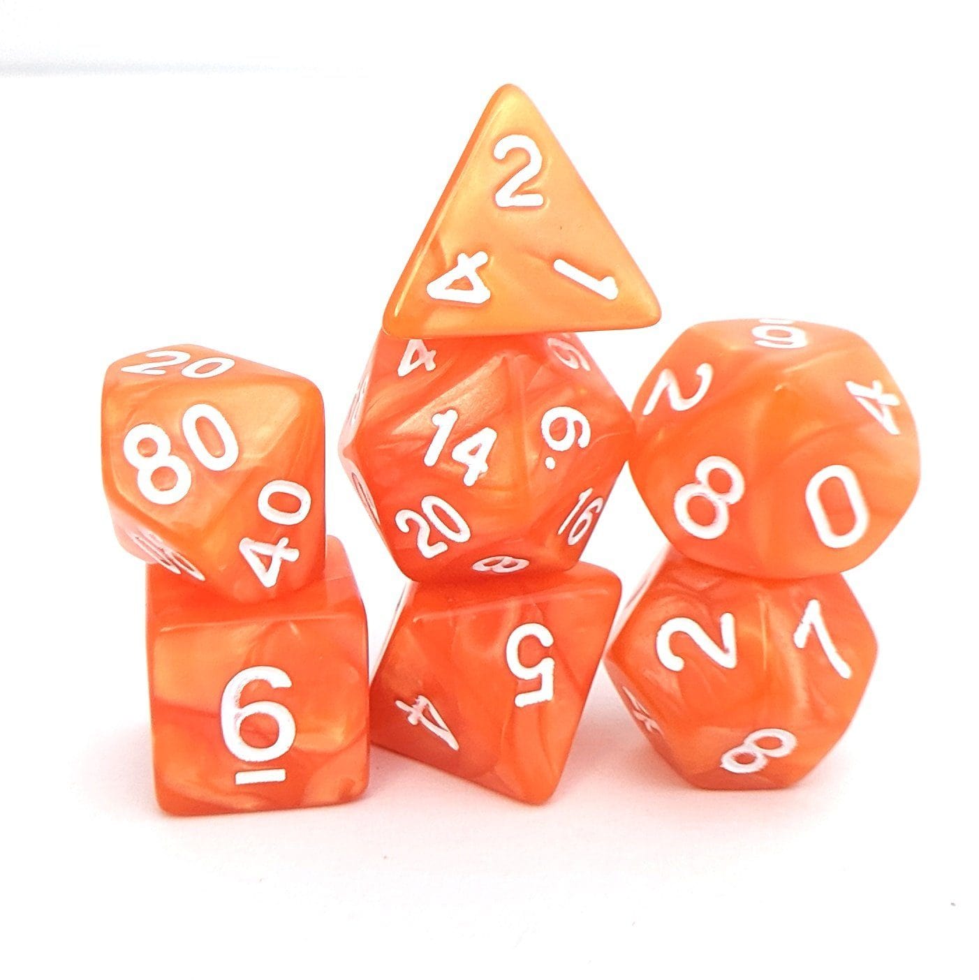Pumpkin Orange Dice Set – Pearly Acrylic with White Numbers - Fennek and Finch