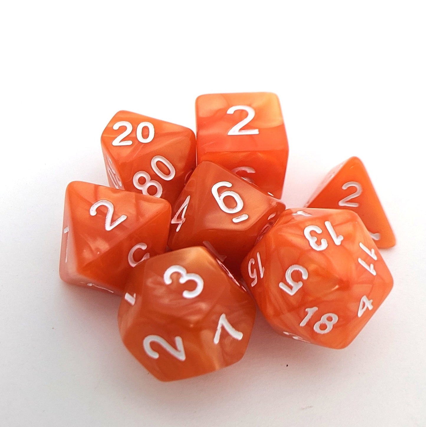 Pumpkin Orange Dice Set – Pearly Acrylic with White Numbers - Fennek and Finch