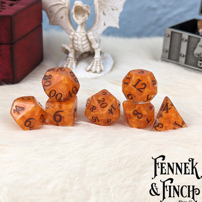 Pumpkin Pie Dice Set – 7-Piece Orange Brown Autumn DnD Dice Fennek and Finch