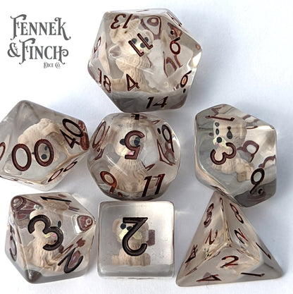 Puppy Dog Dice Set – 7 - Piece Beige Dogs Grey Resin Animal DnD Dice - Fennek and Finch