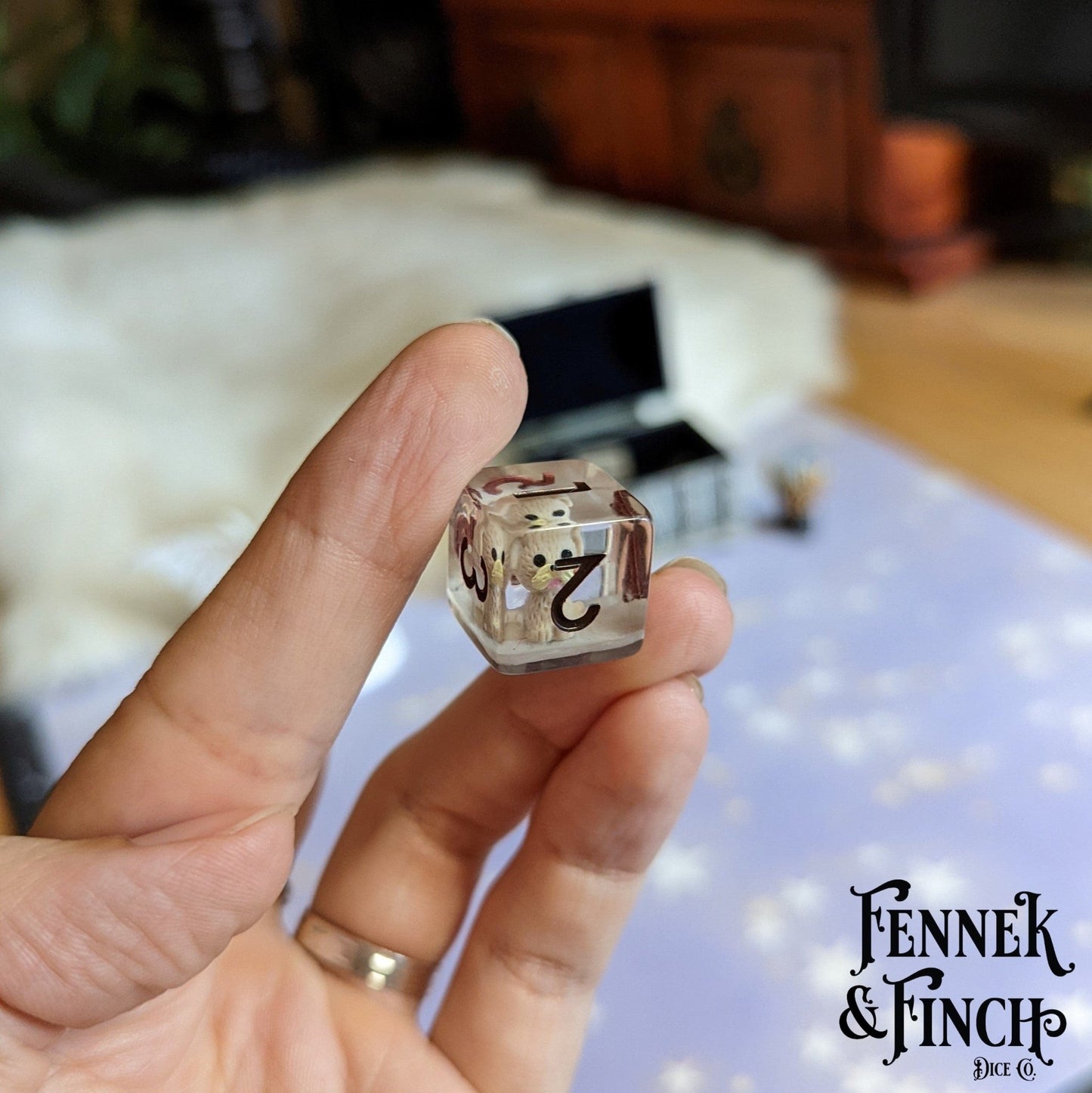 Puppy Dog Dice Set – 7 - Piece Beige Dogs Grey Resin Animal DnD Dice - Fennek and Finch