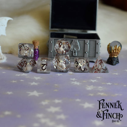 Puppy Dog Dice Set – 7 - Piece Beige Dogs Grey Resin Animal DnD Dice - Fennek and Finch
