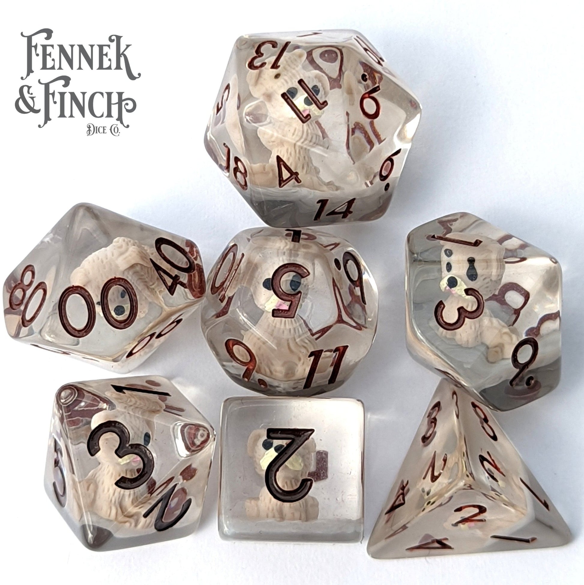 Puppy Dog Dice Set – 7 - Piece Beige Dogs Grey Resin Animal DnD Dice - Fennek and Finch
