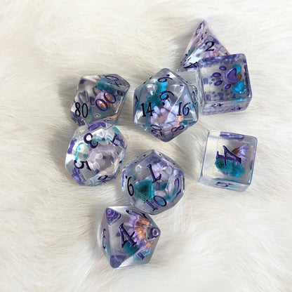 Purple and Blue Flower 8 piece DND dice set - Fennek and Finch