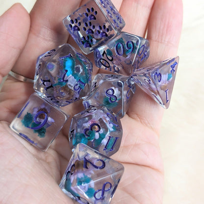 Purple and Blue Flower 8 piece DND dice set - Fennek and Finch