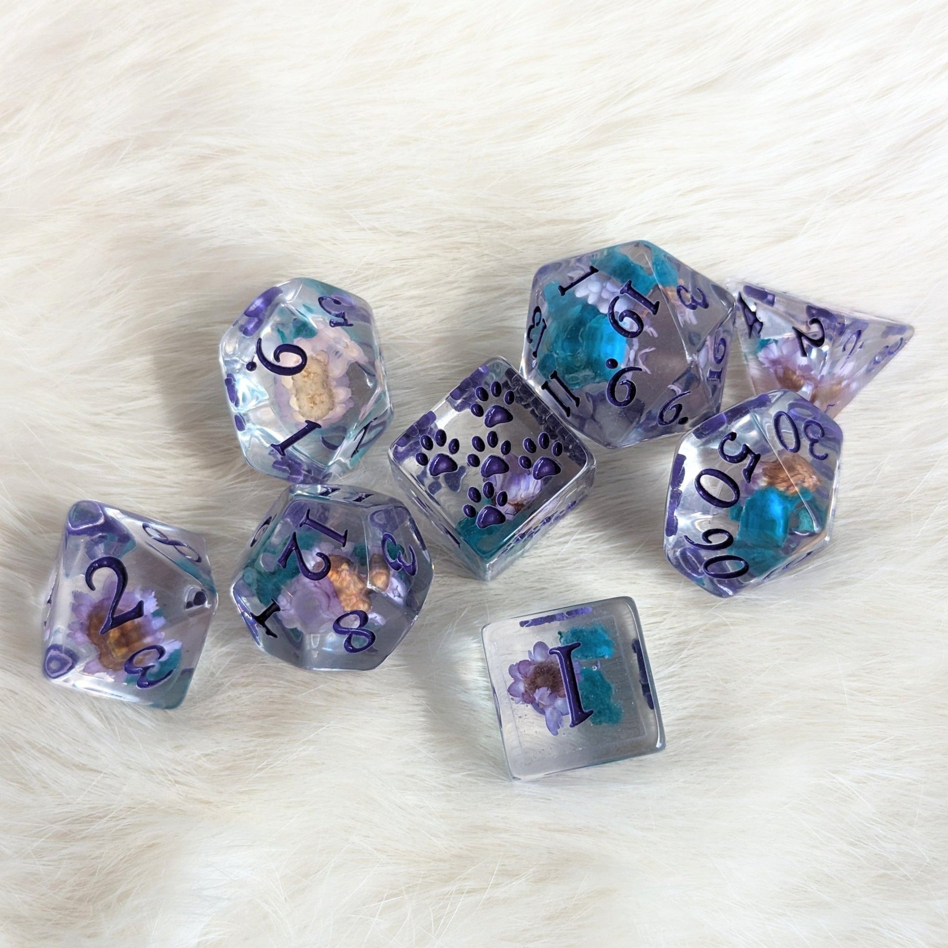 Purple and Blue Flower 8 piece DND dice set - Fennek and Finch