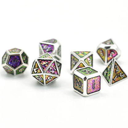 Purple and Green Color Shifting Glitter Metal Dice Set with Silver Trim