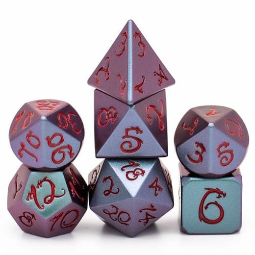Purple and Green Dragon Metal Dice Set with Red Font - CozyGamer