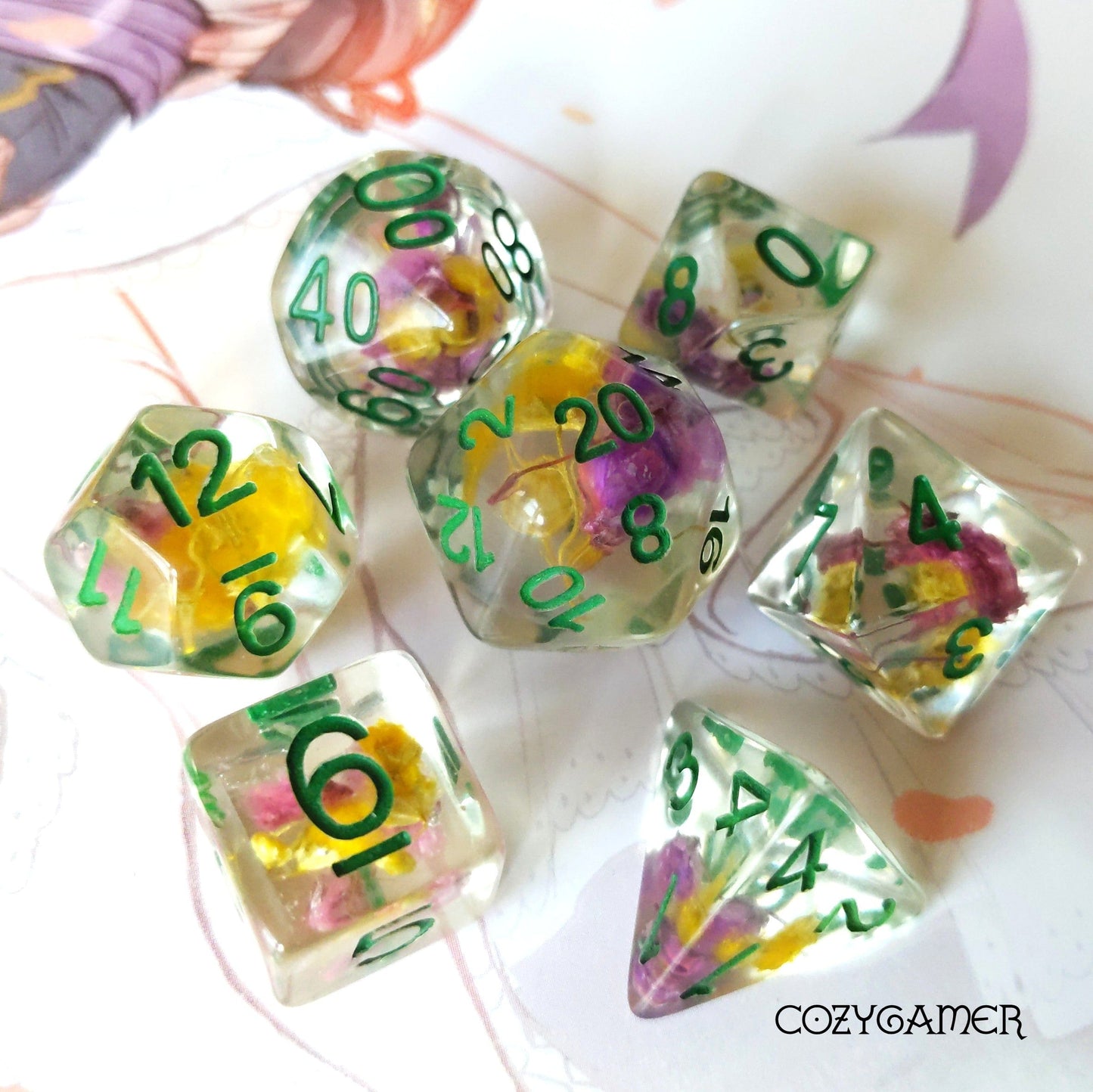 Purple and Yellow Flower Dice Set. Dried Flowers in Clear Resin