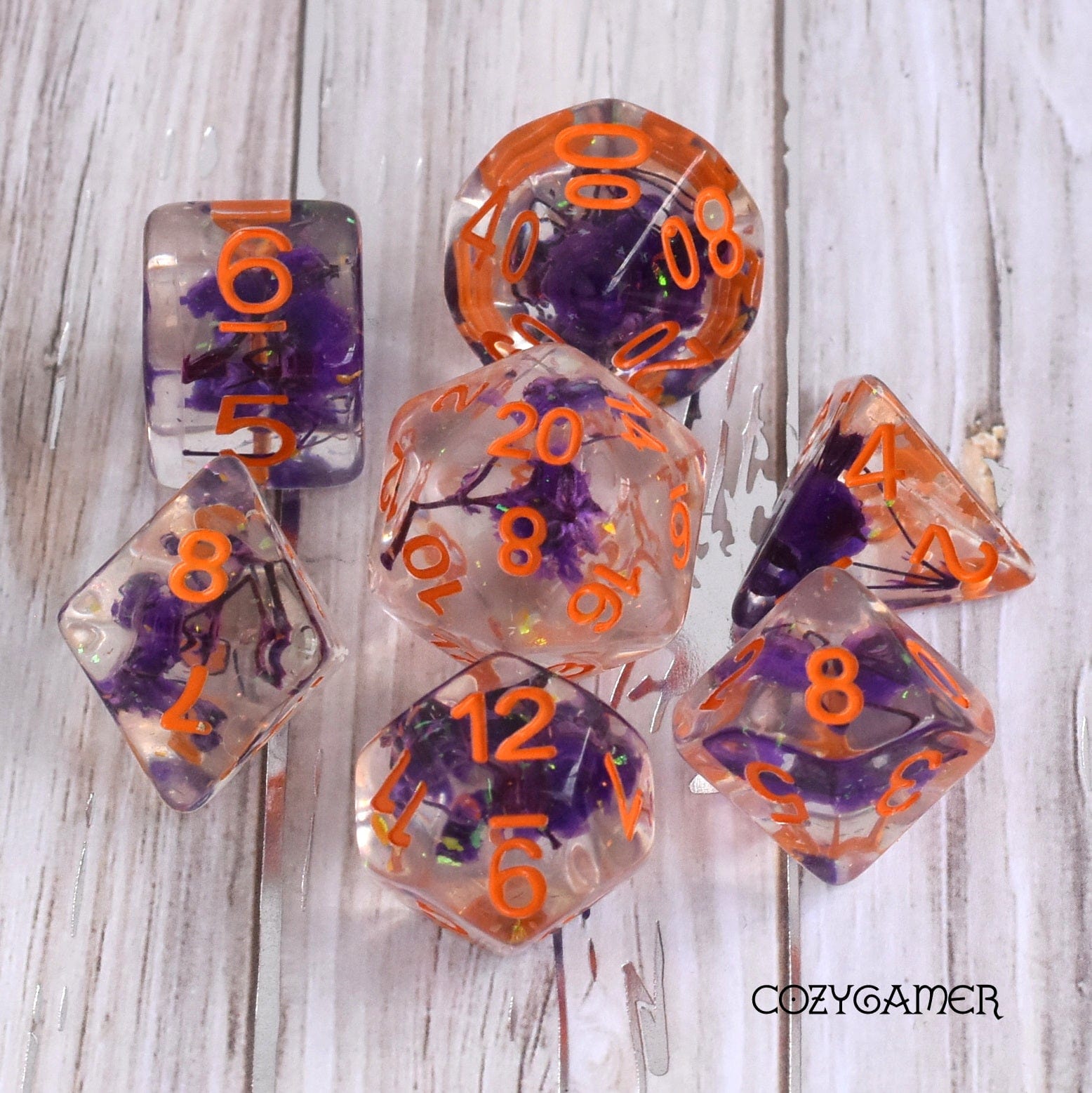 Purple Baby's Breath Dice Set Orange Font – 7 - Piece Floral DnD Dice - Fennek and Finch