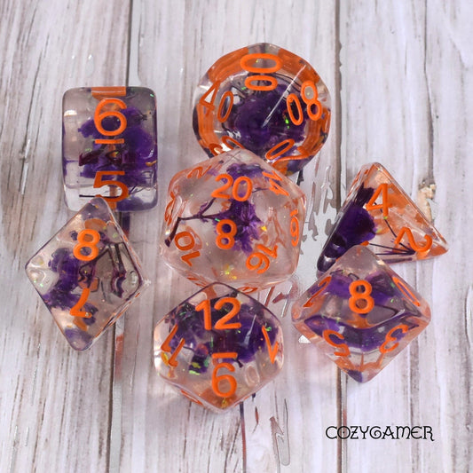 Purple Baby's Breath Dice Set Orange Font – 7 - Piece Floral DnD Dice - Fennek and Finch