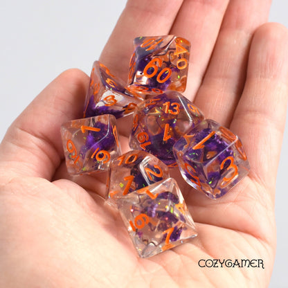 Purple Baby's Breath Dice Set Orange Font – 7 - Piece Floral DnD Dice - Fennek and Finch