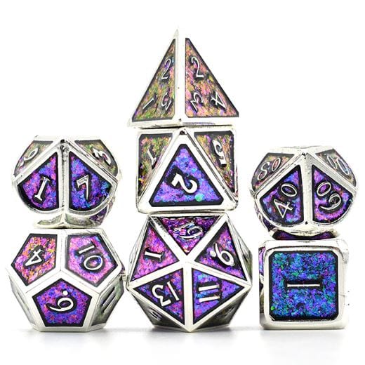 Purple Blue Gold Color Shifting Glitter Metal Dice Set with Silver Trim
