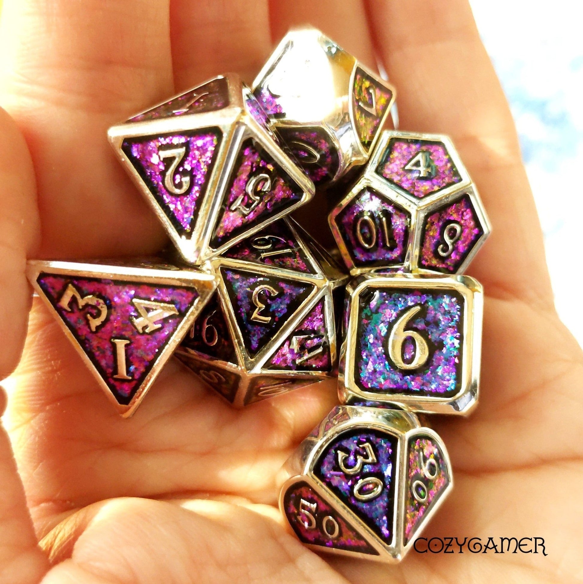 Purple Blue Gold Color Shifting Glitter Metal Dice Set with Silver Trim Dice Sets & Games Fennek and Finch