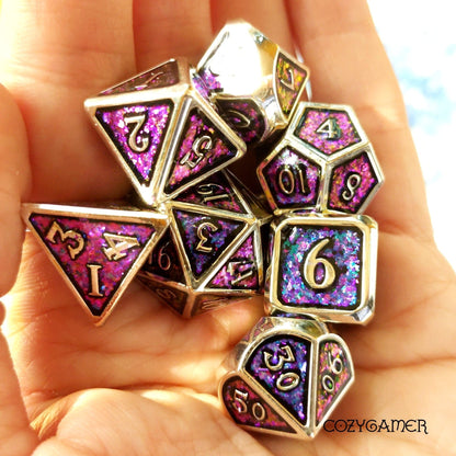 Purple Blue Gold Color Shifting Glitter Metal Dice Set with Silver Trim Dice Sets & Games Fennek and Finch