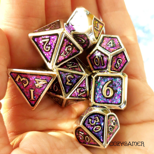 Purple Blue Gold Color Shifting Glitter Metal Dice Set with Silver Trim - Fennek and Finch
