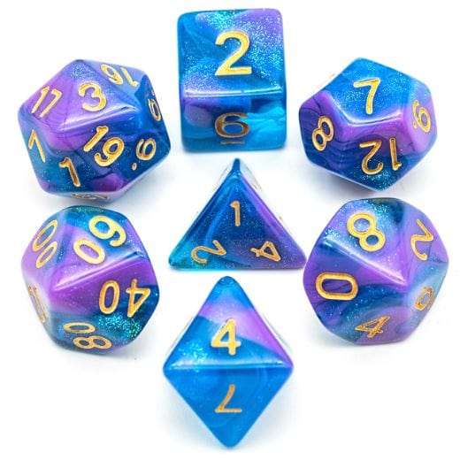 Purple Blue Will O Wisp Dice Set – 7-Piece Clear Semi-Clear Shimmer Acrylic DnD Dice Sets & Games Fennek and Finch