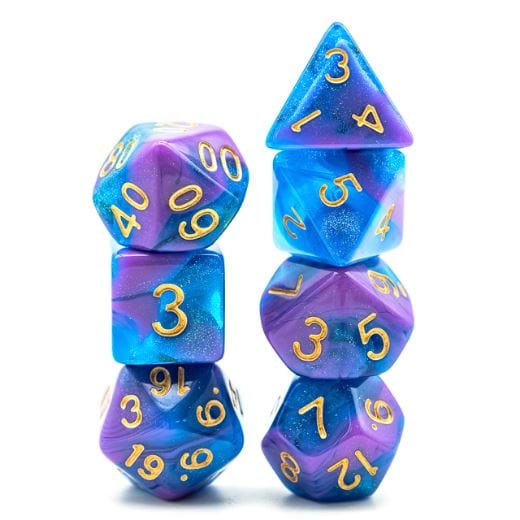 Purple Blue Will O Wisp Dice Set – 7-Piece Clear Semi-Clear Shimmer Acrylic DnD Dice Sets & Games Fennek and Finch