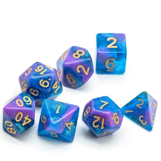 Purple Blue Will O Wisp Dice Set – 7-Piece Clear Semi-Clear Shimmer Acrylic DnD Dice Sets & Games Fennek and Finch