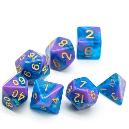 Purple Blue Will O Wisp Dice Set – 7-Piece Clear Semi-Clear Shimmer Acrylic DnD Dice Sets & Games Fennek and Finch