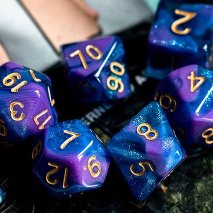 Purple Blue Will O Wisp Dice Set – 7-Piece Clear Semi-Clear Shimmer Acrylic DnD Dice Sets & Games Fennek and Finch