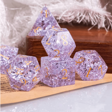 Purple Crackled Glass Dice Set. Real Gemstone (Glass) 7 Piece TTRPG Dice