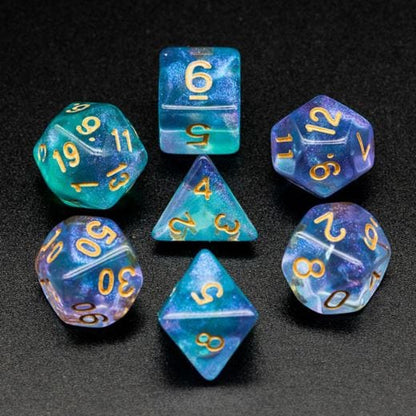 Purple Cyan Will O Wisp Dice Set – 7-Piece Spectral Light DnD Dice Dice Sets & Games Fennek and Finch