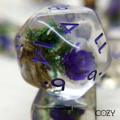 Purple Flower and Moss Dice Set. 7 Piece terrarium style DND dice set